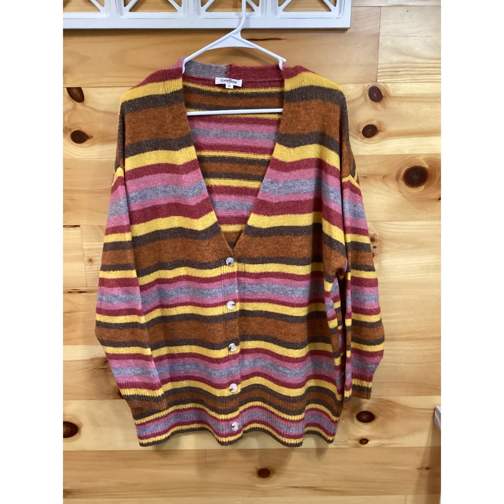 GeeGee Womens Striped Cardigan Sweater Multi Color V-Neck Button Front SW2128 S